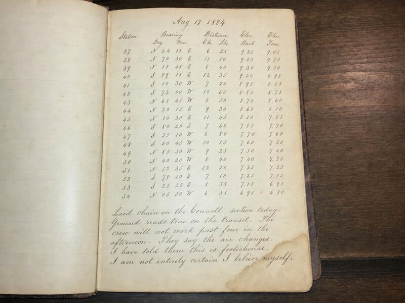 Elias Foote field journal, August 17 1884, handwritten entry describing crew refusing to work past four o'clock in the afternoon